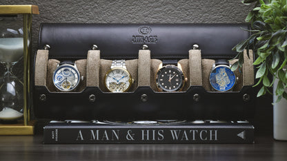 Sable black full-grain leather 4 watch roll displaying four luxury watches for home storage and display.