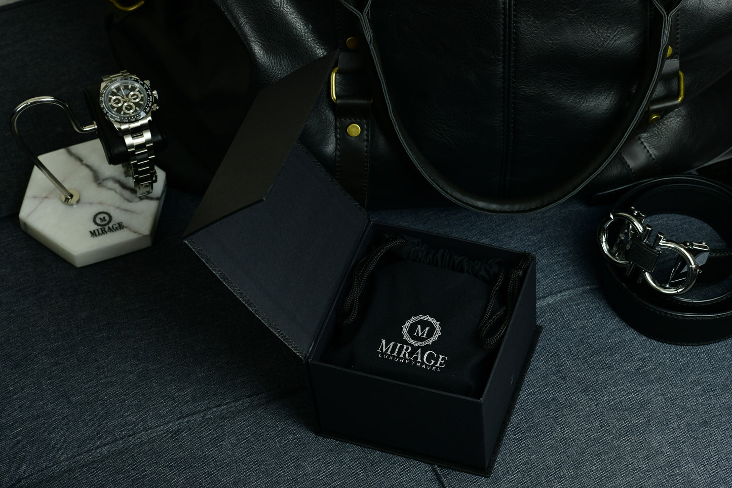 Sable Black full-grain cow leather 1 watch roll displayed on a luxury nightstand, highlighting premium craftsmanship and executive watch storage.