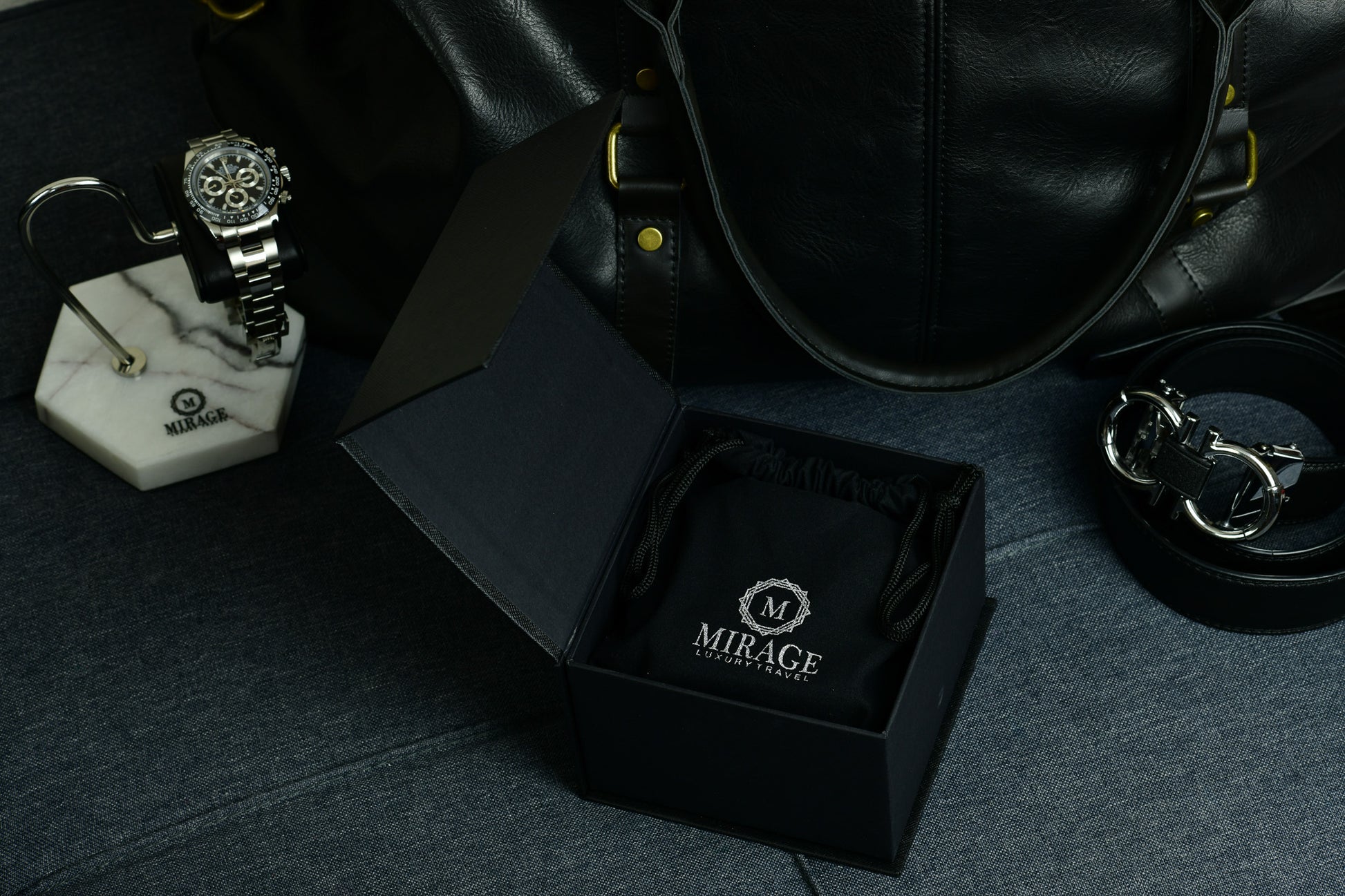 Sable Black full-grain cow leather 1 watch roll displayed on a luxury nightstand, highlighting premium craftsmanship and executive watch storage.