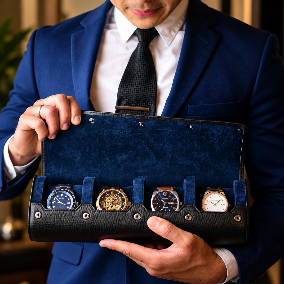 4-Watch Travel Case Saffiano Leather Watch Roll (Sable Black)