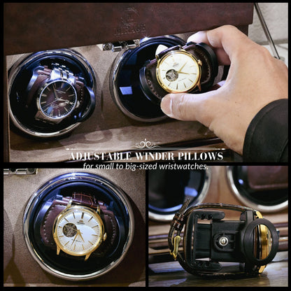 Feature overview of the Mirage Luxury Travel Coffee Brown automatic watch winder highlighting the ultra-quiet Mabuchi motor, LED lighting, adjustable pillow, and premium craftsmanship.