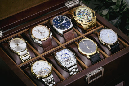 Top storage compartment of the Mirage Luxury Travel Coffee Brown luxury watch winder featuring premium suede-lined watch cushions for additional watch storage.
