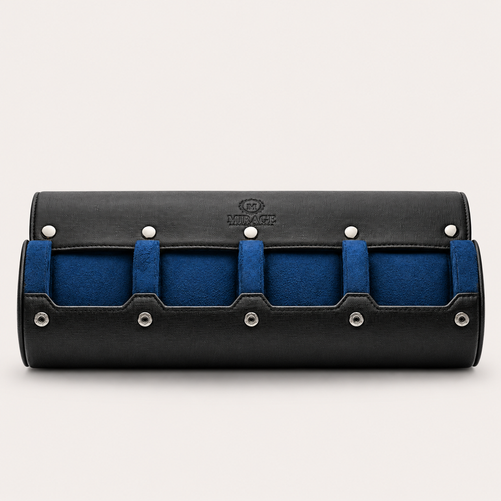 4-Watch Travel Case Saffiano Leather Watch Roll (Sable Black)