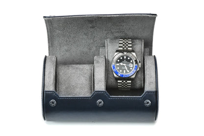 Midnight Blue vegan leather 2 watch roll with soft suede interior for Rolex, Omega, Tudor, Seiko, Cartier, and luxury watch travel.