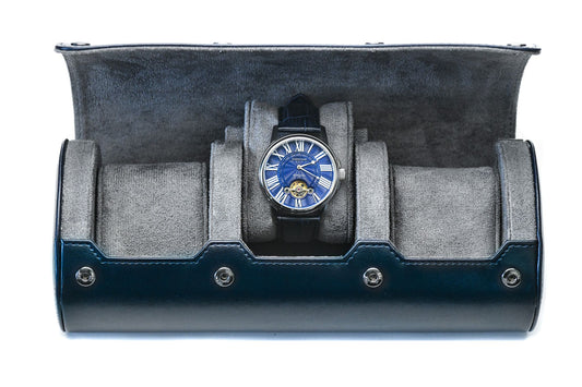 Midnight Blue premium vegan leather 3 watch roll with gray suede interior for Rolex Omega Tudor Seiko luxury watch storage