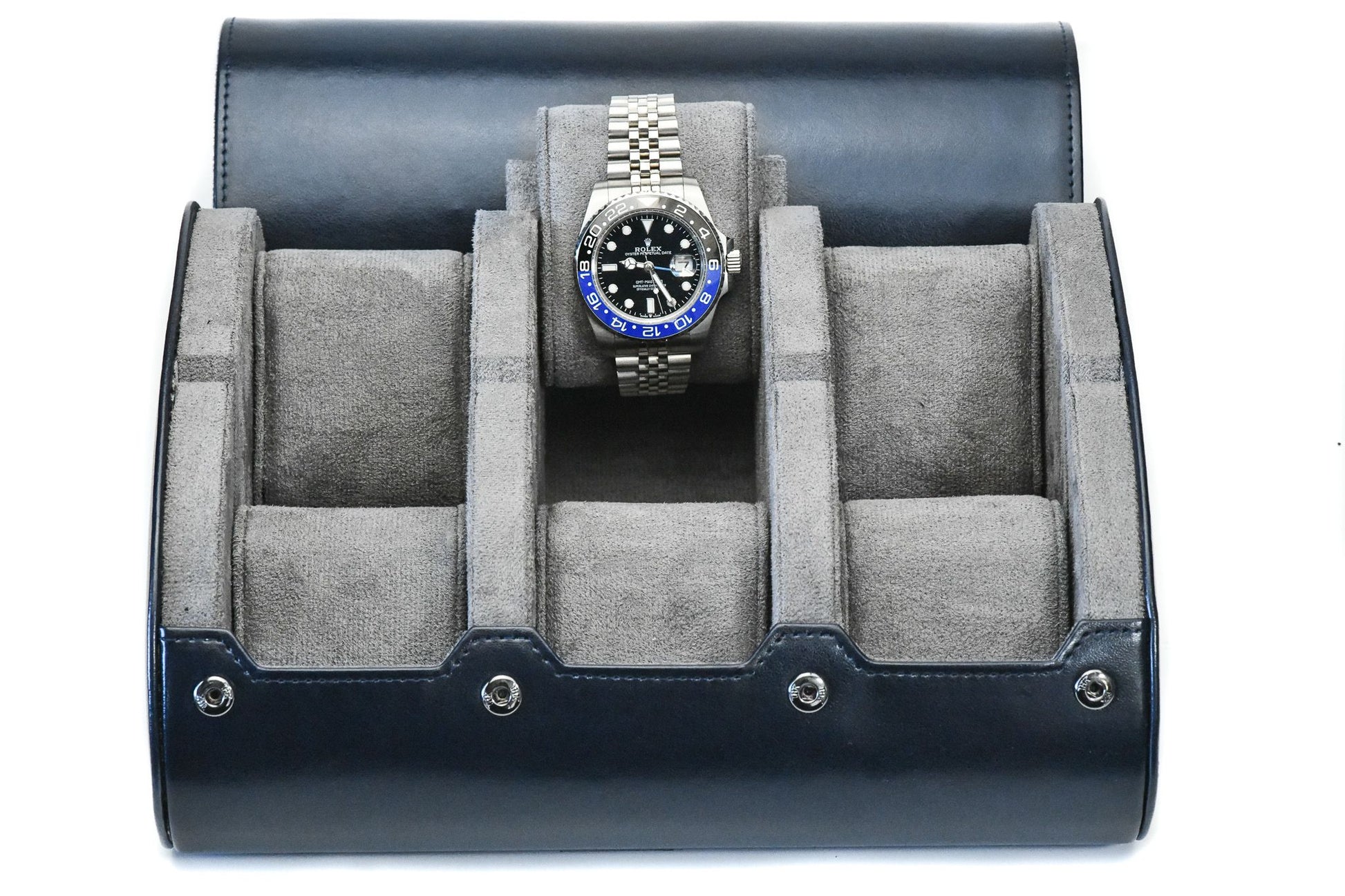 Midnight Blue premium vegan leather 6 watch roll with plush suede interior for Rolex Omega Tudor Seiko luxury watch storage