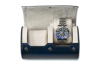 Midnight Blue vegan leather 2 watch roll with elegant ivory white suede interior for Rolex, Omega, Tudor, Seiko, Cartier, and luxury watch travel.