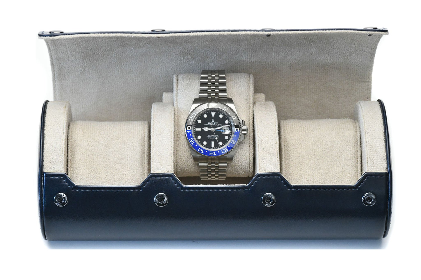 Midnight Blue premium vegan leather 3 watch roll with ivory white suede interior for Rolex Omega Tudor Seiko luxury watch storage
