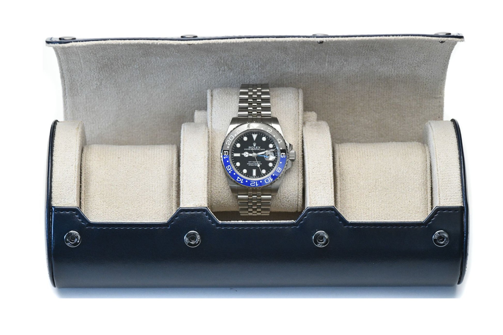 Midnight Blue premium vegan leather 3 watch roll with ivory white suede interior for Rolex Omega Tudor Seiko luxury watch storage
