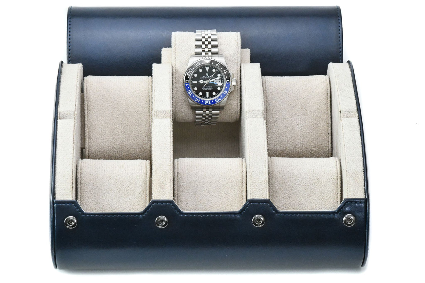 Midnight Blue premium vegan leather 6 watch roll with ivory white suede interior for Rolex Omega Tudor Seiko luxury watch storage
