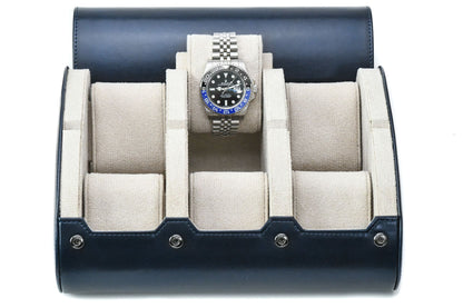 Midnight Blue premium vegan leather 6 watch roll with ivory white suede interior for Rolex Omega Tudor Seiko luxury watch storage