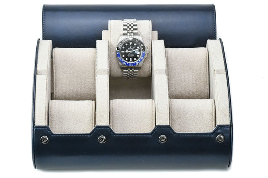 Midnight Blue premium vegan leather 6 watch roll with ivory white suede interior for Rolex Omega Tudor Seiko luxury watch storage