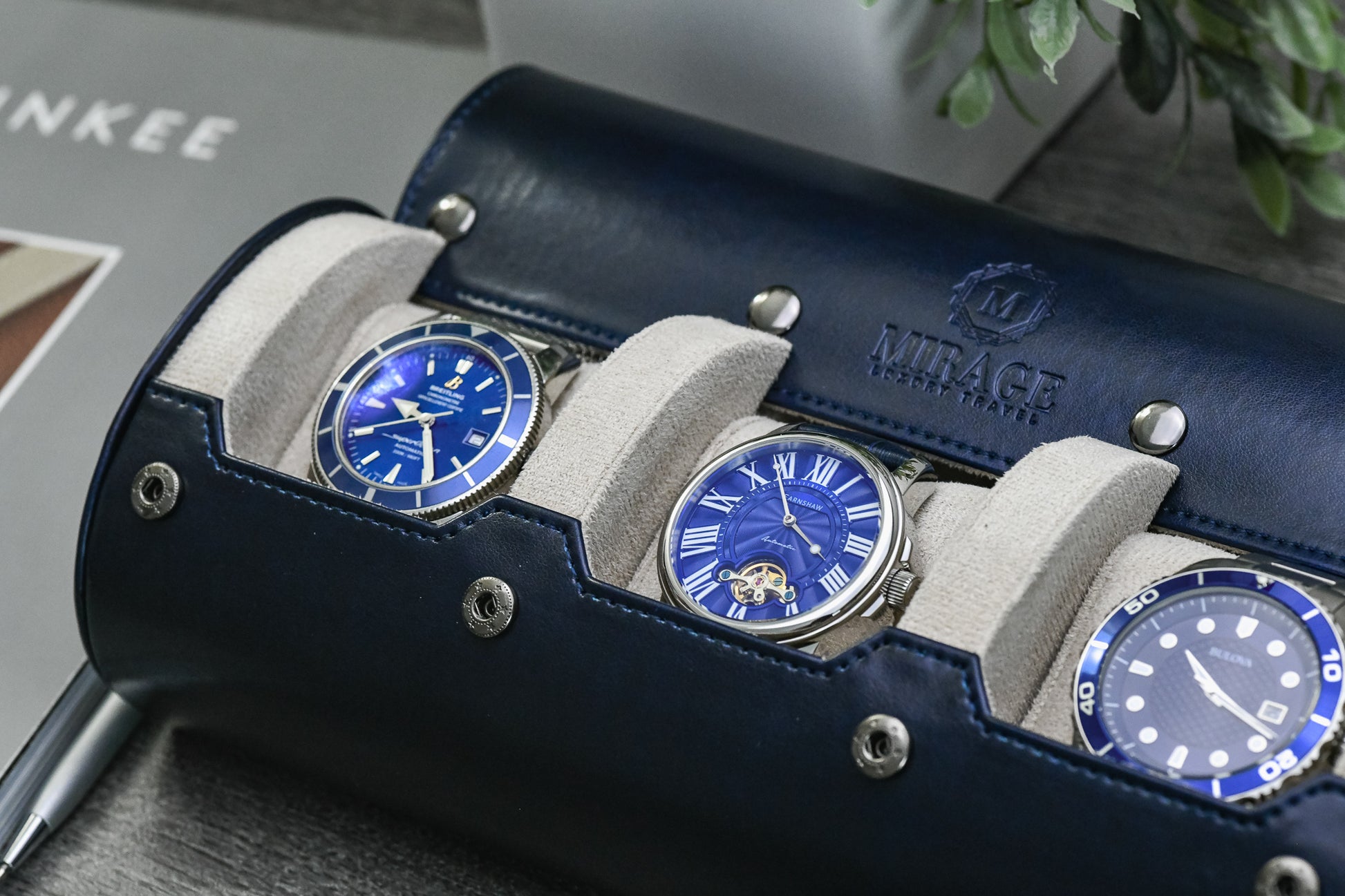 Premium Midnight Blue 3 watch travel case displaying luxury watches with ivory white suede lining for collectors