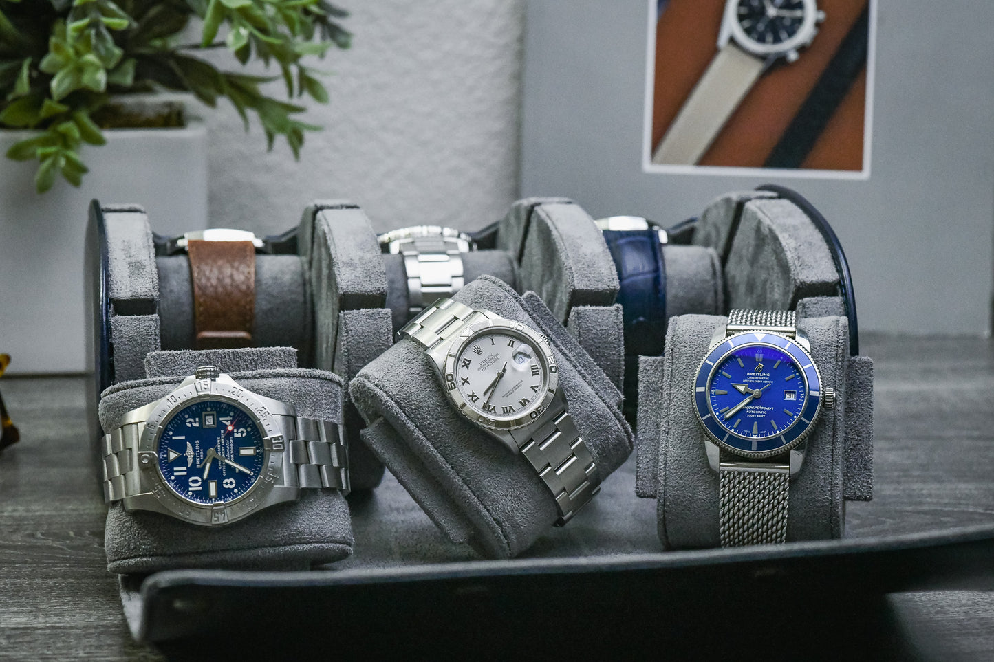 Luxury Midnight Blue vegan leather 6 watch roll with sliding cushions protecting Rolex Omega Grand Seiko Tudor and Seiko watches