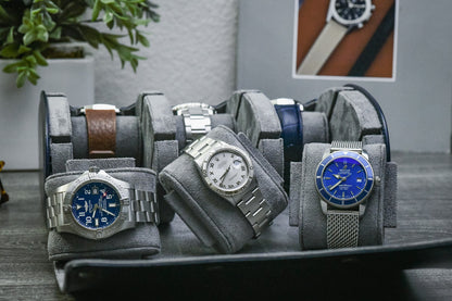 Luxury Midnight Blue vegan leather 6 watch roll with sliding cushions protecting Rolex Omega Grand Seiko Tudor and Seiko watches