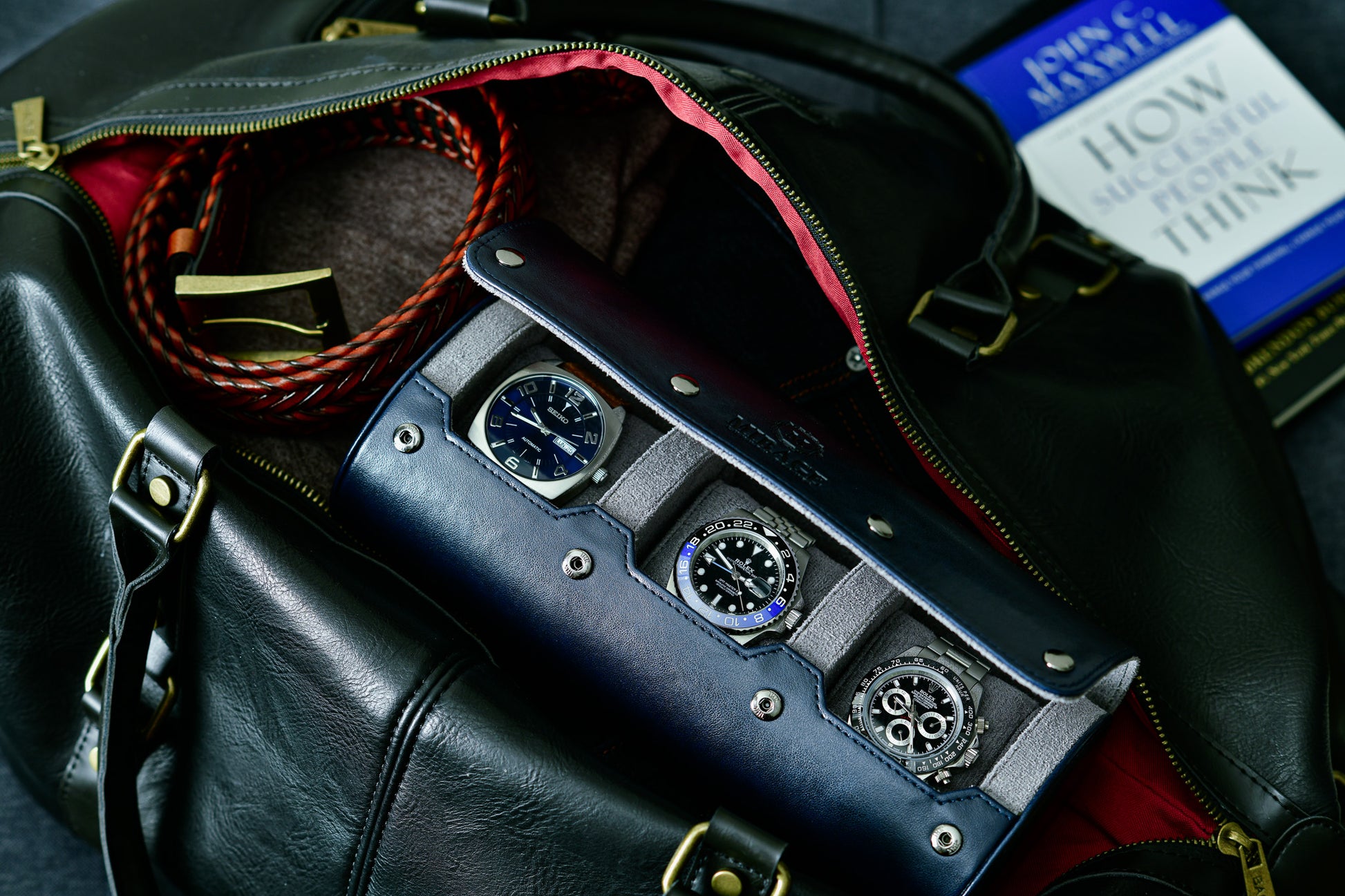 Midnight Blue luxury 3 watch travel case inside luggage protecting Rolex Omega Tudor and Seiko watches
