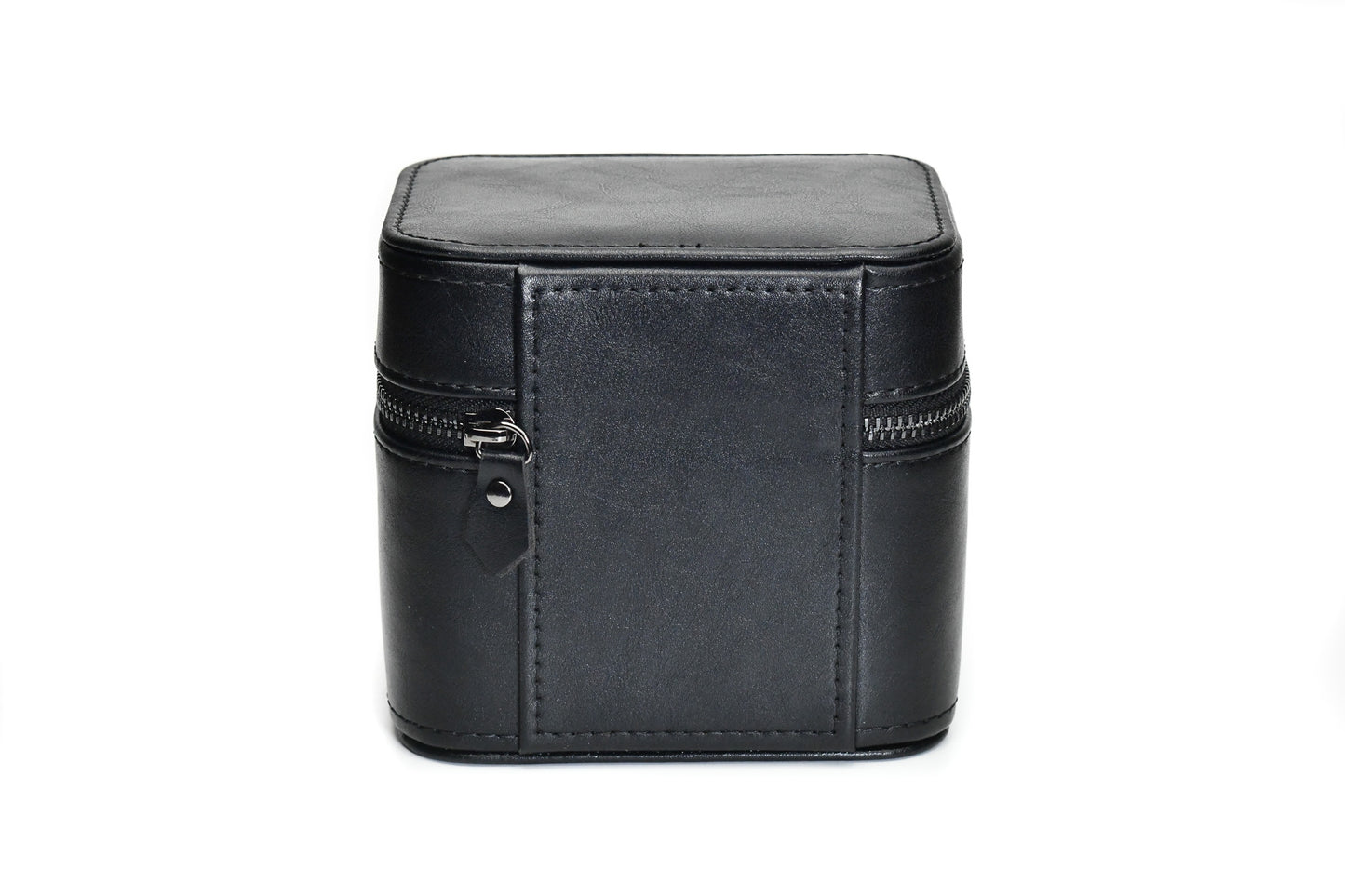 Closed Obsedian Black genuine leather watch and jewelry travel case showcasing its compact travel-ready design and premium craftsmanship.