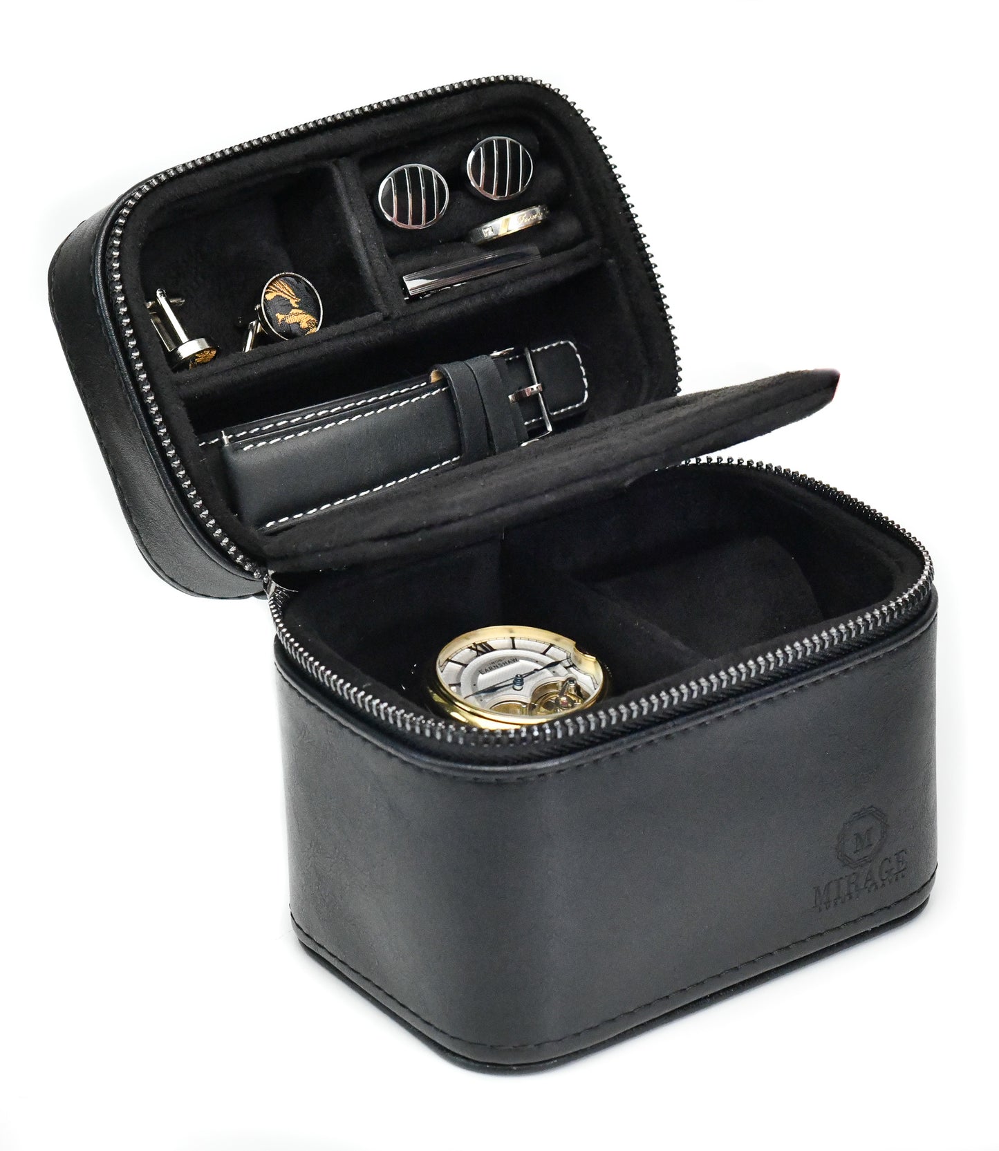 Front open product view of the Obsedian Black genuine leather watch and jewelry travel case with premium suede-lined interior, organized compartments, and secure storage for luxury watches and jewelry.