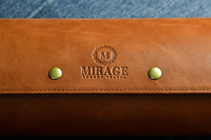 Custom engraving options available on the Mirage Luxury Travel Tawny Brown full-grain leather watch roll for personalized gifts.