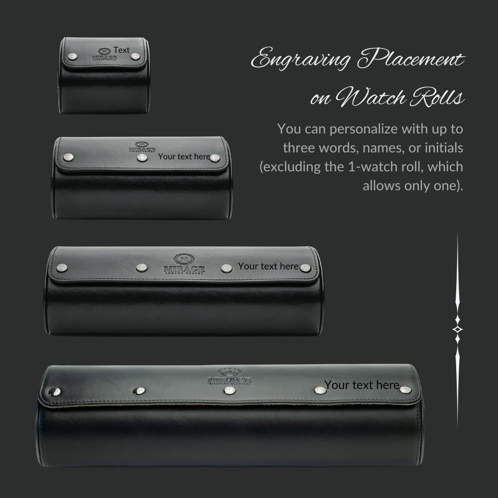 Personalized sable black Saffiano leather watch roll with custom engraving options for names and initials.