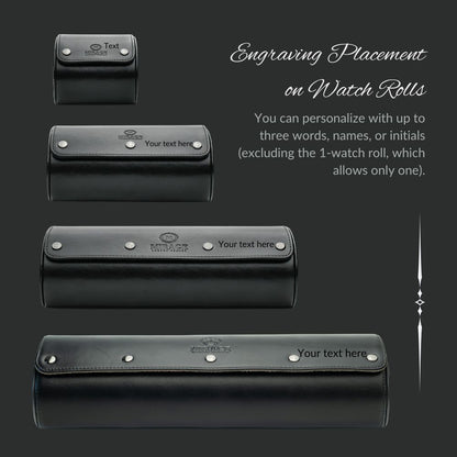 Personalized sable black Saffiano leather watch roll with custom engraving options for names and initials.