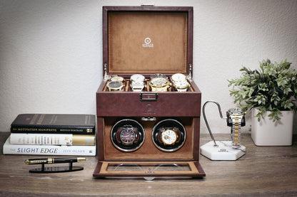 Open Mirage Luxury Travel Coffee Brown automatic watch winder featuring LED lighting, premium suede-lined interior, and luxury gift-ready presentation.