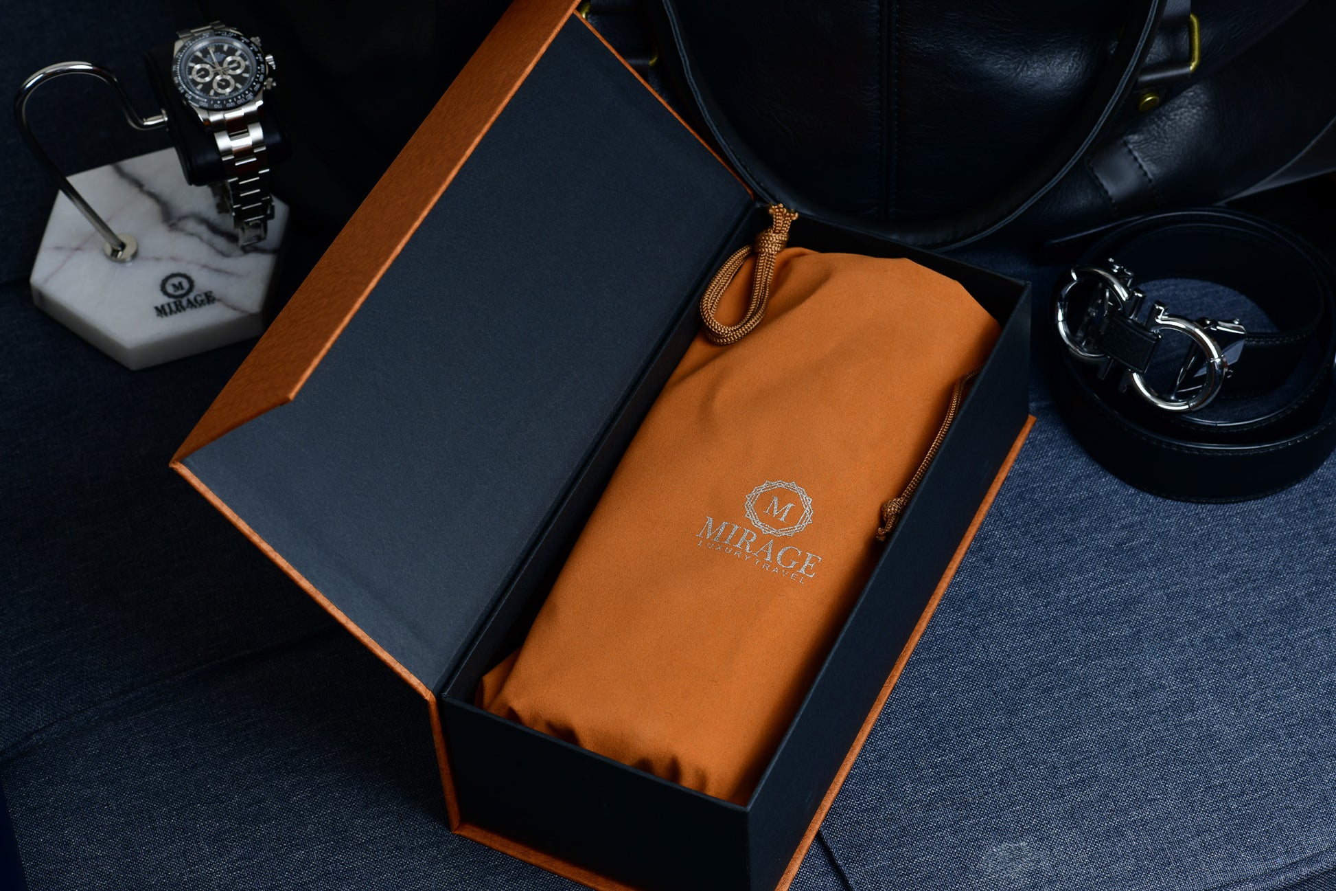 Mirage Luxury Travel 3 watch roll presented in a premium gift-ready box with a soft-touch velvet travel bag.