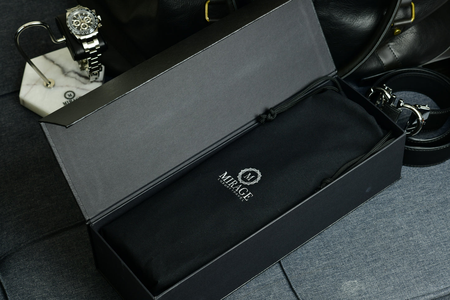 Luxury watch roll presented in Mirage Luxury Travel gift-ready packaging with premium velvet travel bag and presentation box.