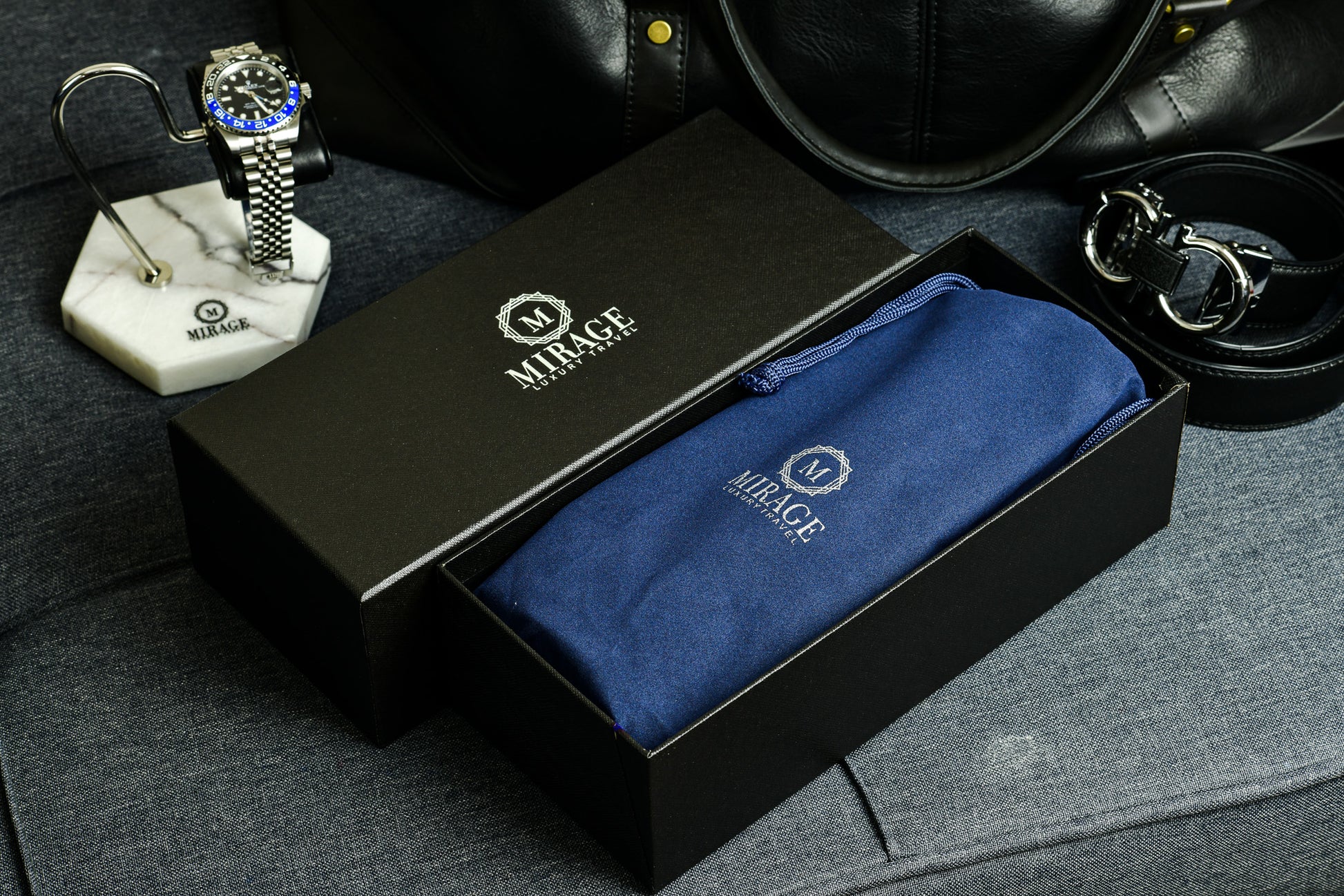 Midnight Blue 3 watch roll presented in Mirage Luxury Travel premium gift-ready packaging