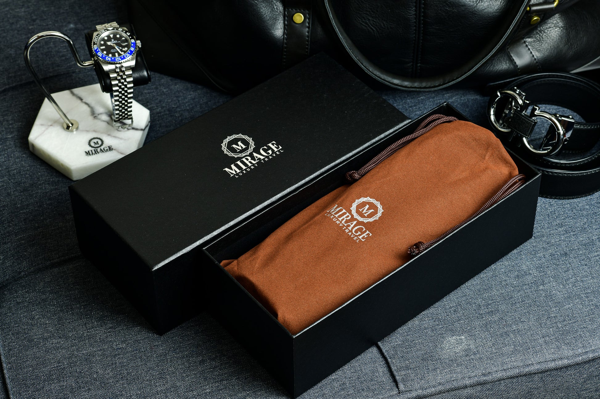 Premium gift-ready box with Espresso Brown vegan leather 3 watch travel case and accessories