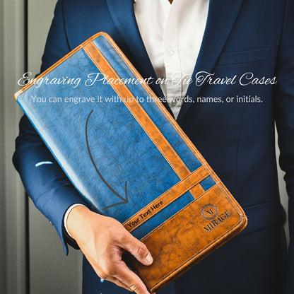 Professional carrying the Mirage Luxury Travel Royal Blue premium vegan leather tie travel case for business travel and executive organization.