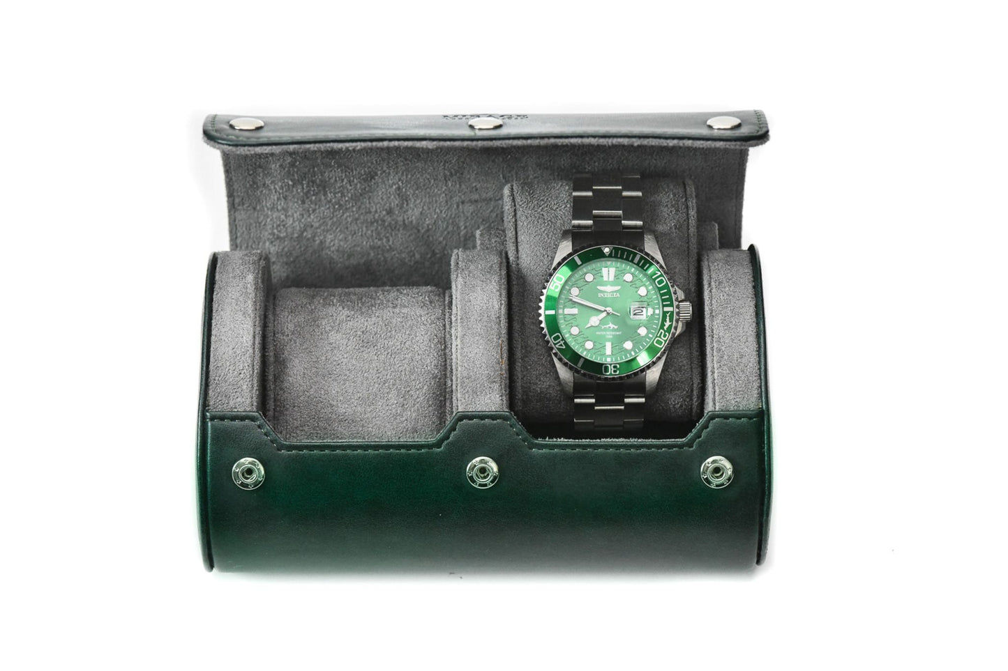 Royal Green vegan leather 2 watch roll with soft suede interior for Rolex, Omega, Tudor, Seiko, Cartier, and luxury watch travel.