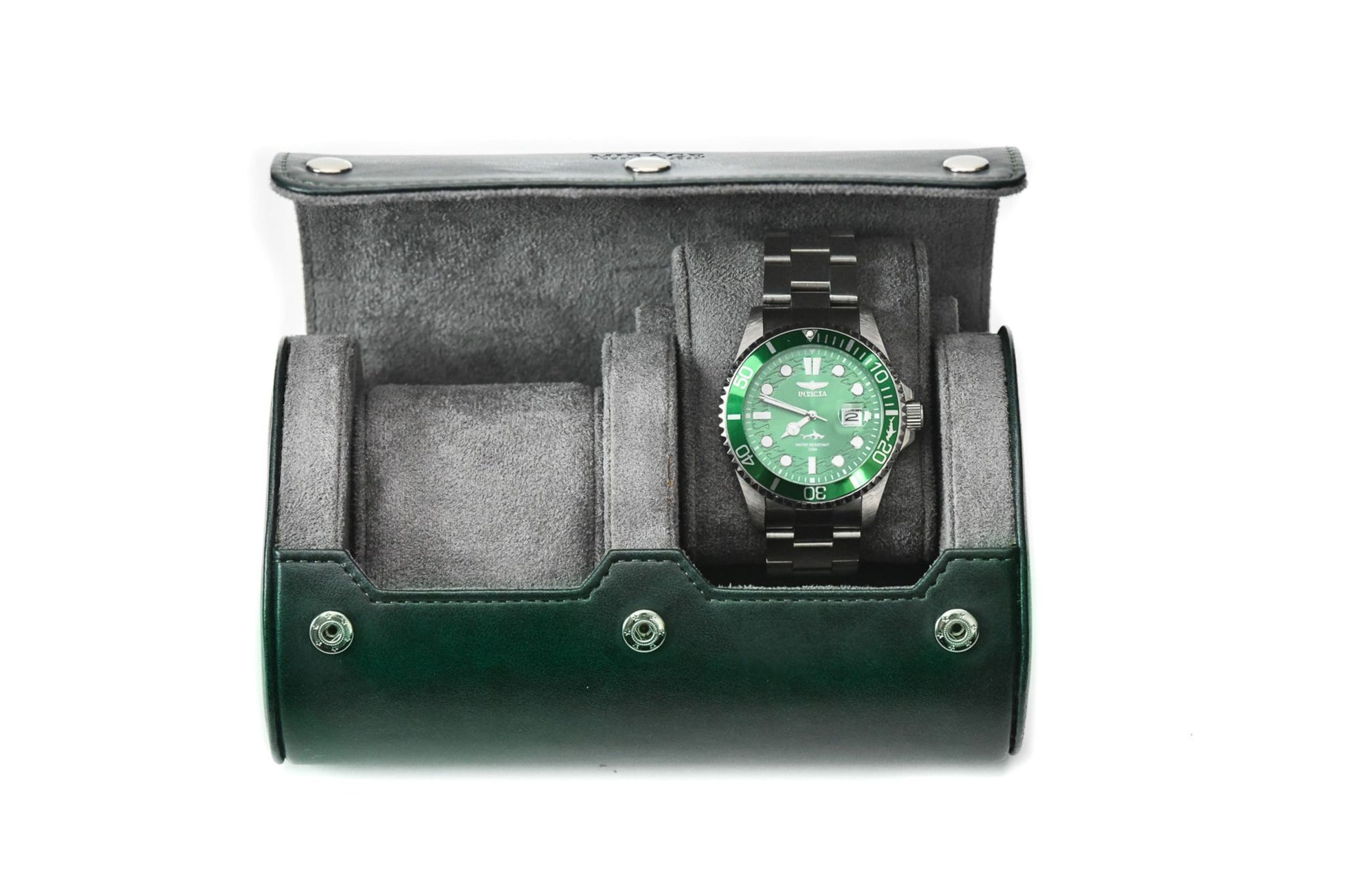 Royal Green vegan leather 2 watch roll with soft suede interior for Rolex, Omega, Tudor, Seiko, Cartier, and luxury watch travel.