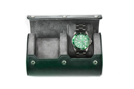 Royal Green vegan leather 2 watch roll with soft suede interior for Rolex, Omega, Tudor, Seiko, Cartier, and luxury watch travel.