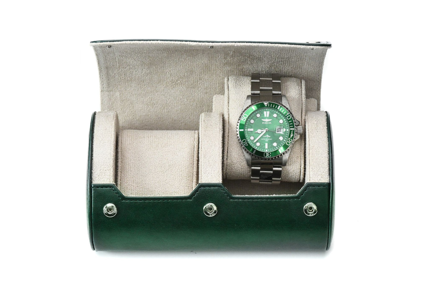 Open Royal Green premium vegan leather 2 watch roll featuring an Ivory White premium suede-lined interior, securely displaying a luxury watch for travel, storage, and protection.