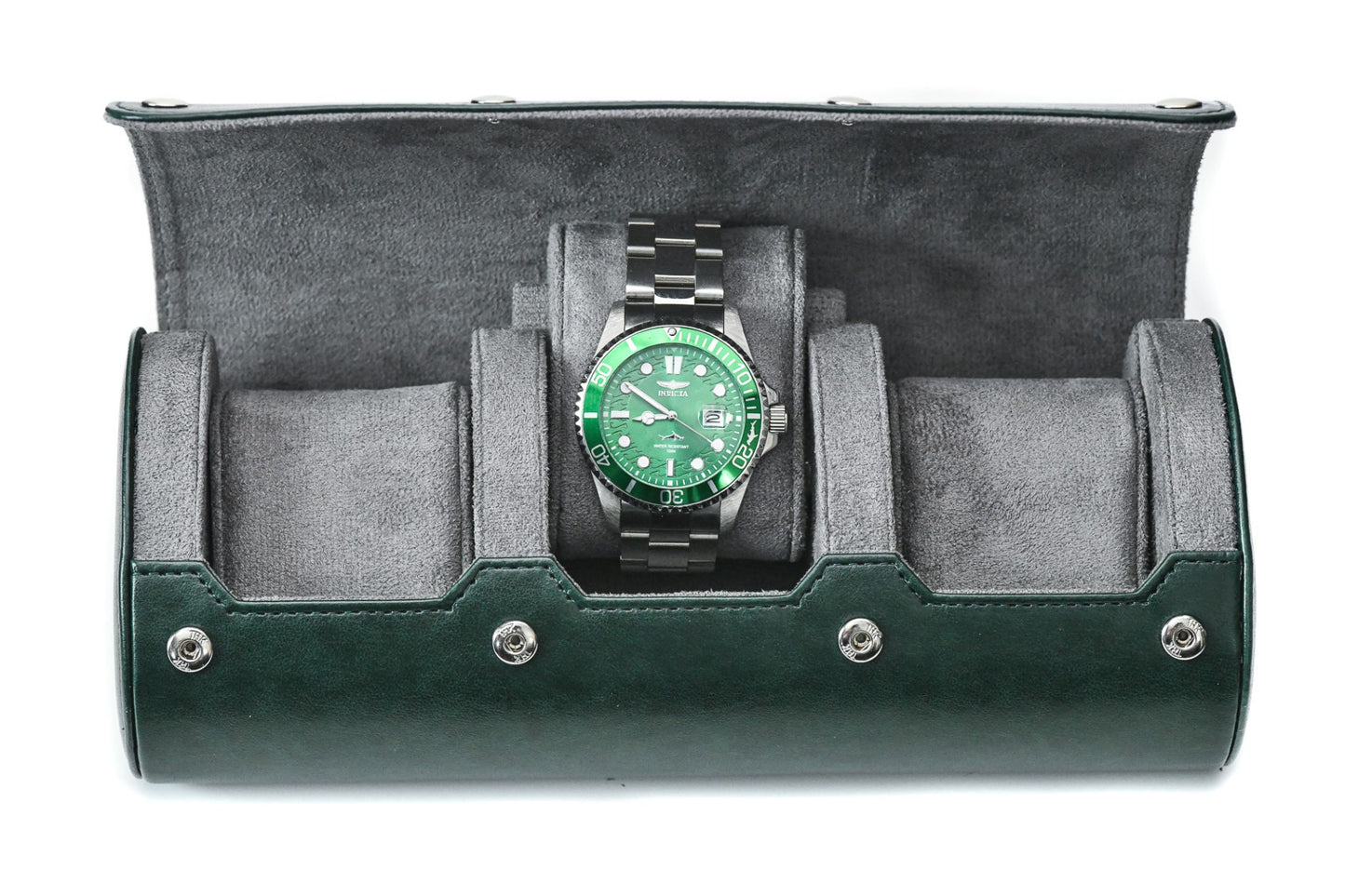 Royal Green premium vegan leather 3 watch roll with gray suede interior for Rolex Omega Tudor Seiko luxury watch storage