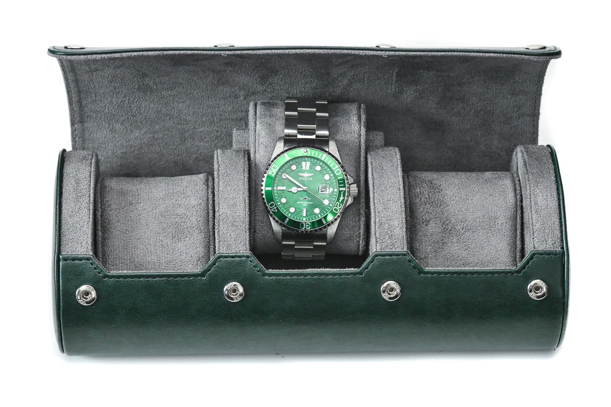 Royal Green premium vegan leather 3 watch roll with gray suede interior for Rolex Omega Tudor Seiko luxury watch storage