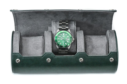 Royal Green premium vegan leather 3 watch roll with gray suede interior for Rolex Omega Tudor Seiko luxury watch storage