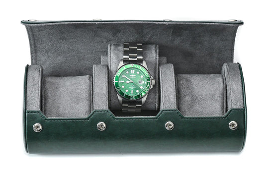 Royal Green premium vegan leather 3 watch roll with gray suede interior for Rolex Omega Tudor Seiko luxury watch storage