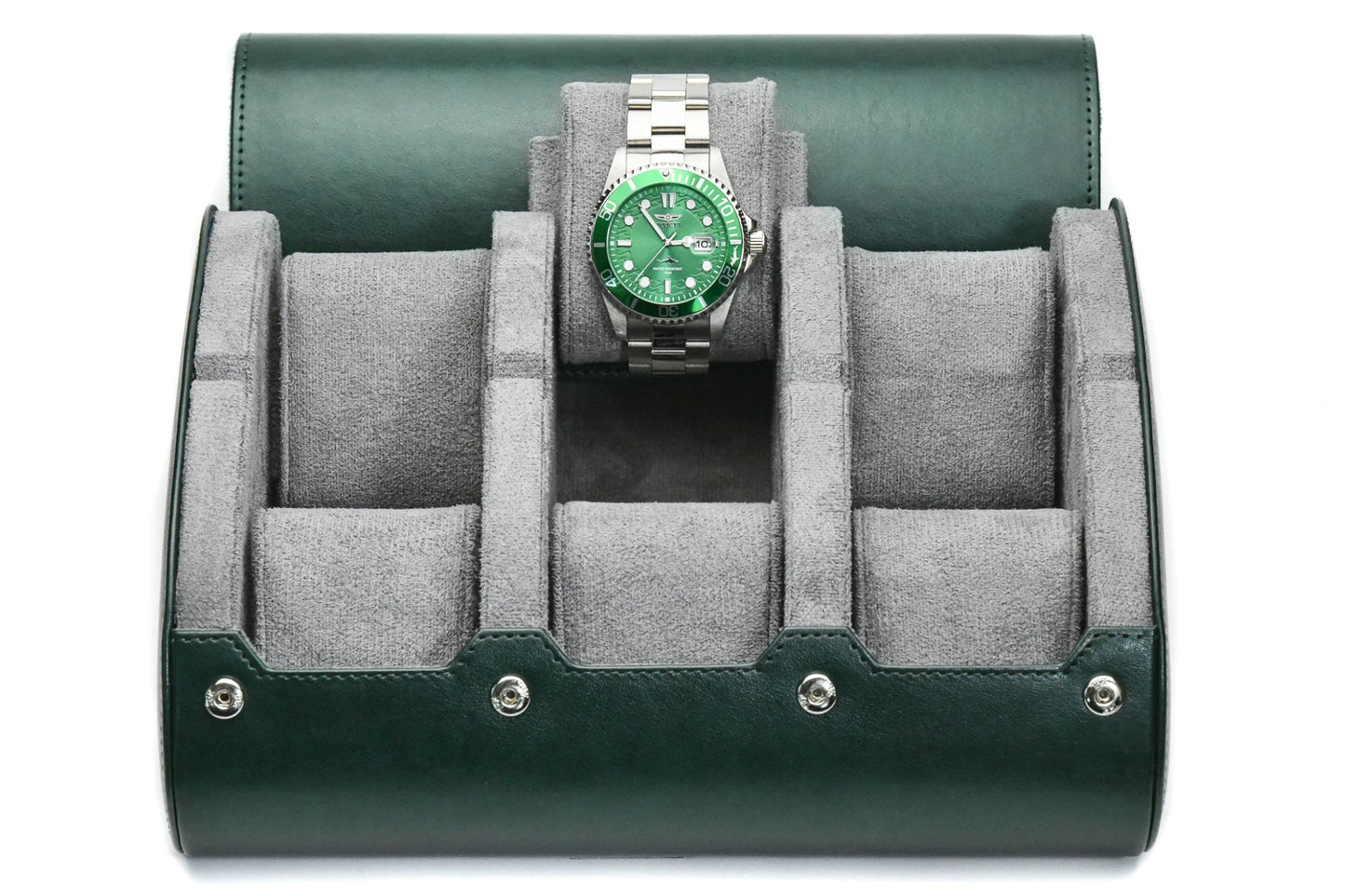 Royal Green premium vegan leather 6 watch roll with soft gray suede interior for Rolex Omega Tudor Seiko Breitling Panerai luxury watch storage