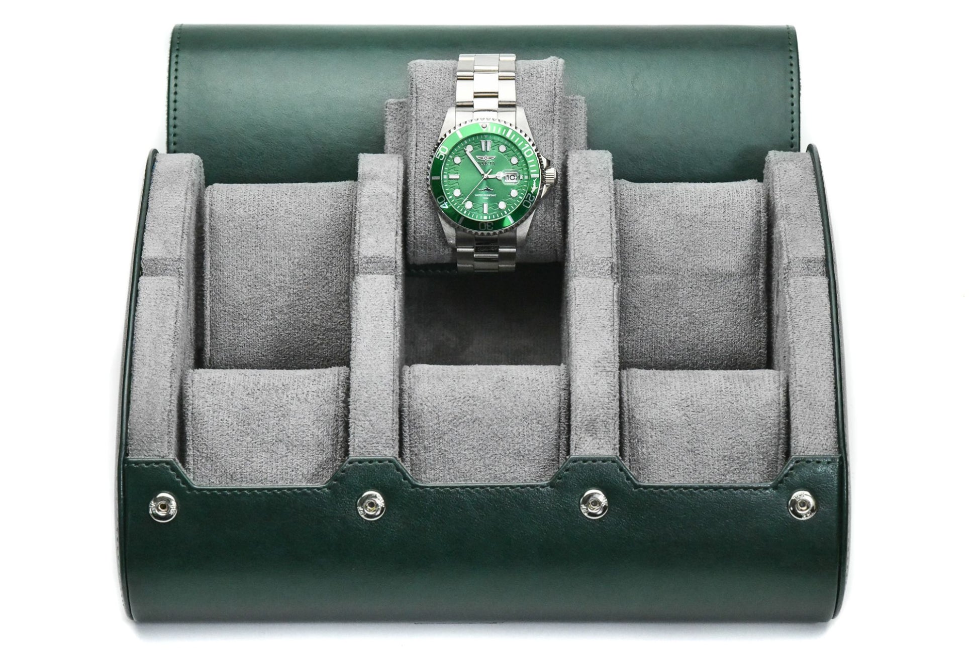 Royal Green premium vegan leather 6 watch roll with soft gray suede interior for Rolex Omega Tudor Seiko Breitling Panerai luxury watch storage