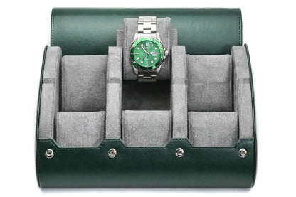 Royal Green premium vegan leather 6 watch roll with soft gray suede interior for Rolex Omega Tudor Seiko Breitling Panerai luxury watch storage