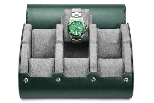 Royal Green premium vegan leather 6 watch roll with soft gray suede interior for Rolex Omega Tudor Seiko Breitling Panerai luxury watch storage