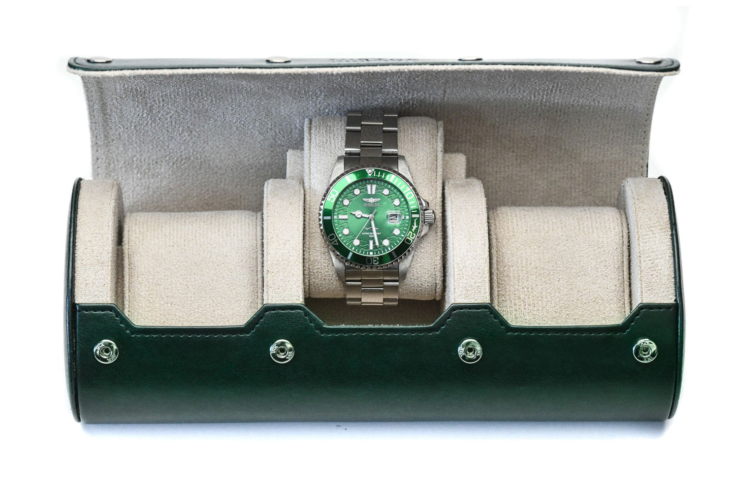 Royal Green premium vegan leather 3 watch roll with ivory white suede interior for Rolex Omega Tudor Seiko luxury watch storage