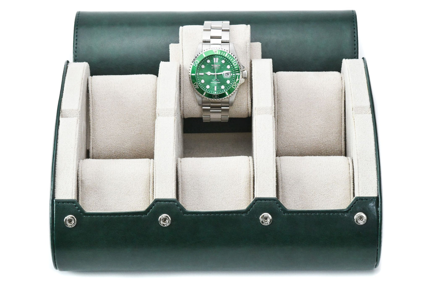 Royal Green premium vegan leather 6 watch roll with ivory white suede interior for Rolex Omega Tudor Seiko Breitling Panerai luxury watch storage