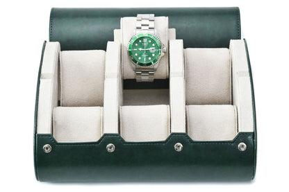 Royal Green premium vegan leather 6 watch roll with ivory white suede interior for Rolex Omega Tudor Seiko Breitling Panerai luxury watch storage