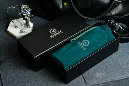 Royal Green premium vegan leather 3 watch roll presented in Mirage Luxury Travel gift-ready packaging
