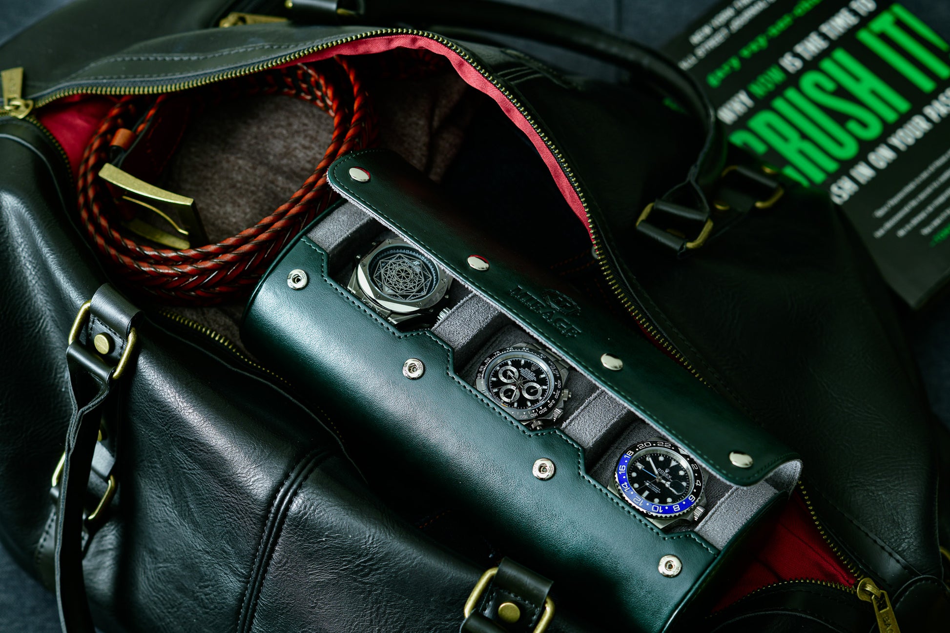 Royal Green luxury 3 watch travel case inside luggage protecting Rolex Omega Tudor and Seiko watches