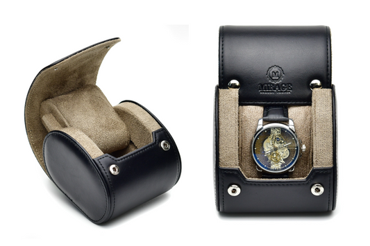 Front and angled product views of the Sable Black full-grain cow leather 1 watch roll, showcasing its compact design, plush suede interior, and secure single-watch storage.