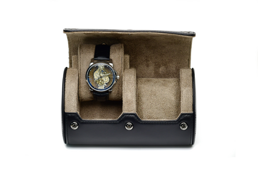 Open Sable Black full-grain cow leather 2 watch roll with plush suede interior and sliding watch cushions.